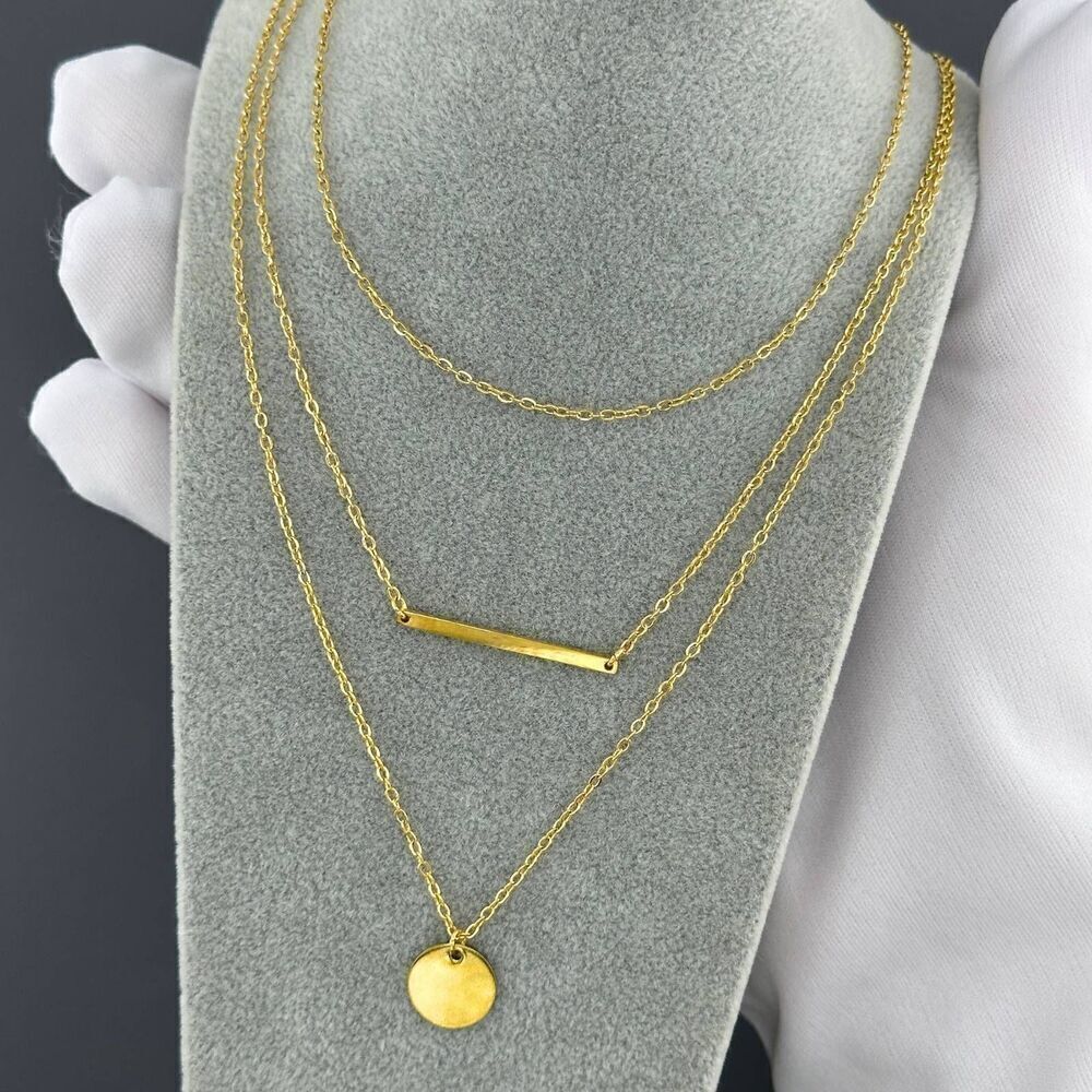 18K Gold Plated Women's 3 Layered Necklaces Waterproof Hypoallergenic Jewelry - Picture 8 of 12